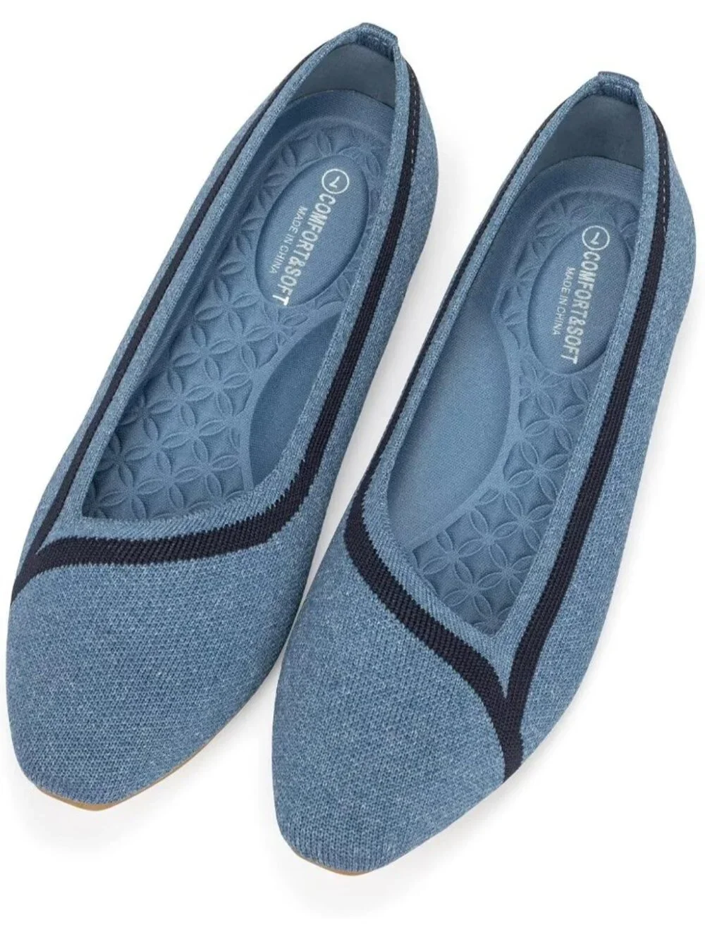 Frank Mully Women's Blue Rubber Knitted Square Toe Comfortable Slip On Flats